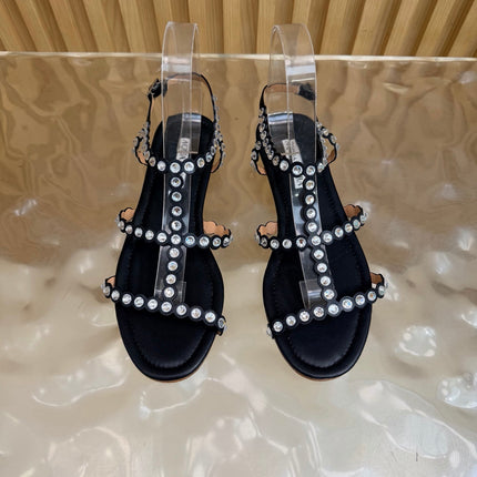 AQUAZZURA 26S FLAT SANDALS IN BLACK CALFKSIN CRYSTAL EMBELLISHED