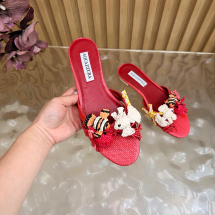 AQUAZZURA 26S SANDALS IN RED CANVAS WITH CROCHET APPLIQUES