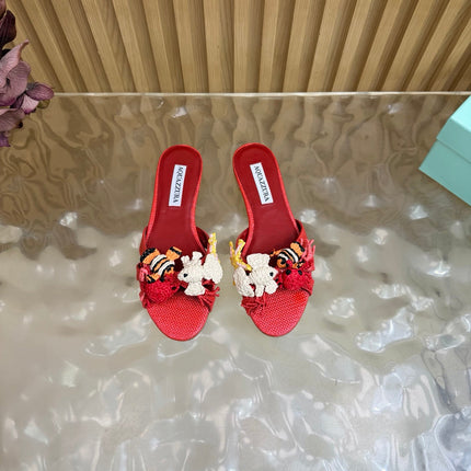 AQUAZZURA 26S SANDALS IN RED CANVAS WITH CROCHET APPLIQUES