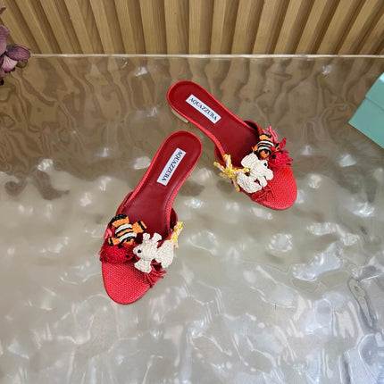 AQUAZZURA 26S SANDALS IN RED CANVAS WITH CROCHET APPLIQUES
