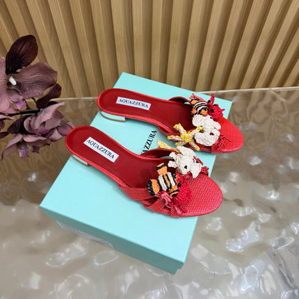 AQUAZZURA 26S SANDALS IN RED CANVAS WITH CROCHET APPLIQUES