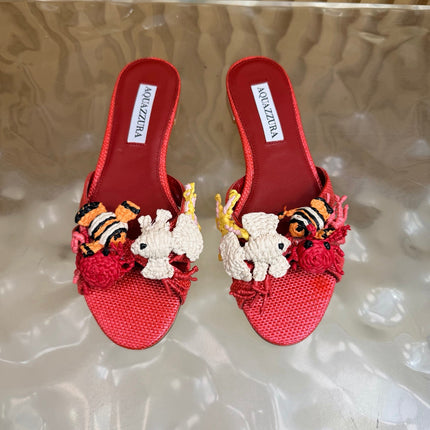 AQUAZZURA 26S SANDALS IN RED CANVAS WITH CROCHET APPLIQUES