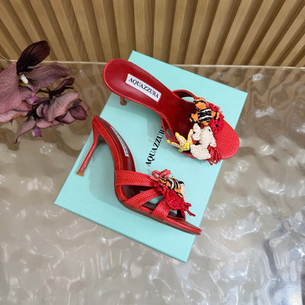 AQUAZZURA 26S SANDALS 80 MM IN RED CANVAS WITH CROCHET APPLIQUES