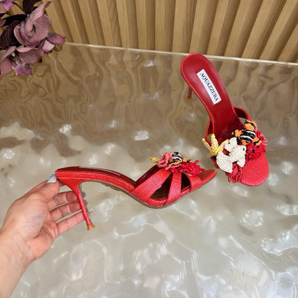 AQUAZZURA 26S SANDALS 80 MM IN RED CANVAS WITH CROCHET APPLIQUES