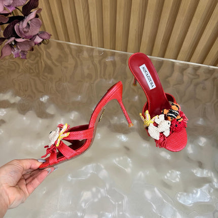 AQUAZZURA 26S SANDALS 80 MM IN RED CANVAS WITH CROCHET APPLIQUES