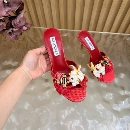 AQUAZZURA 26S SANDALS 80 MM IN RED CANVAS WITH CROCHET APPLIQUES