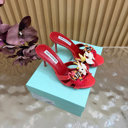 AQUAZZURA 26S SANDALS 80 MM IN RED CANVAS WITH CROCHET APPLIQUES