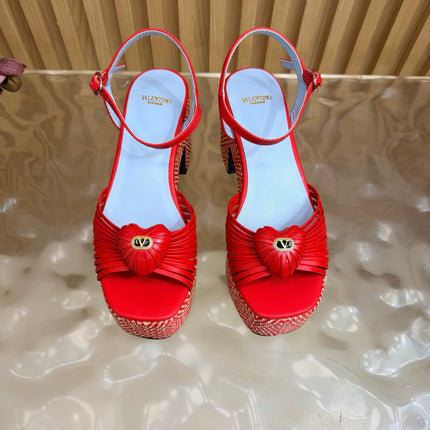 VALENTINO 26S PLATFORM SANDALS 90 MM IN RED CALFSKIN WOVEN FABRIC