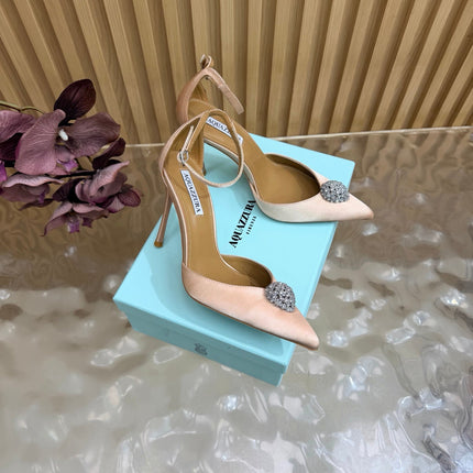 AQUAZZURA 26S POINTED-TOE HIGH HEELS 100 MM IN BEIGE SATIN