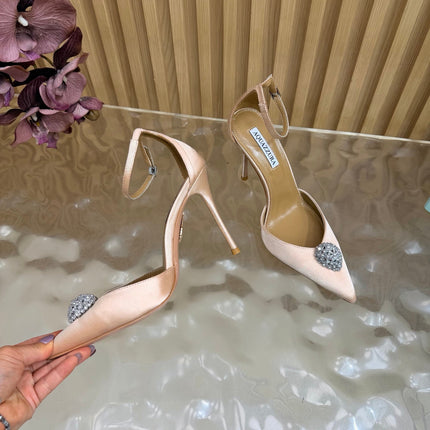 AQUAZZURA 26S POINTED-TOE HIGH HEELS 100 MM IN BEIGE SATIN