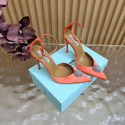 AQUAZZURA 26S POINTED-TOE HIGH HEELS 100 MM IN ORANGE SATIN