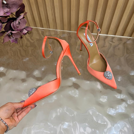 AQUAZZURA 26S POINTED-TOE HIGH HEELS 100 MM IN ORANGE SATIN