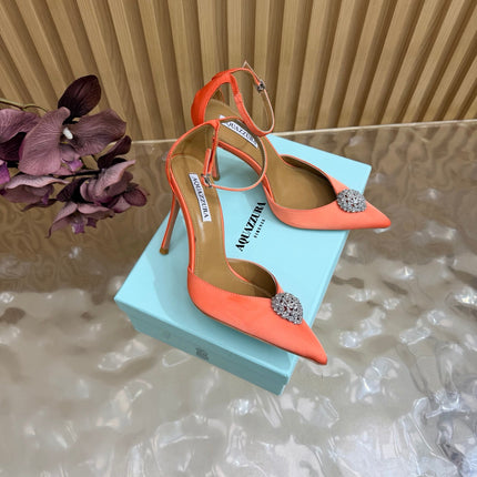 AQUAZZURA 26S POINTED-TOE HIGH HEELS 100 MM IN ORANGE SATIN