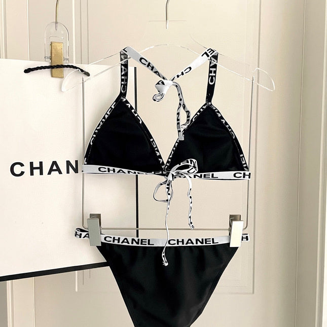 CC BIKINI SWIMSUIT SET IN BLACK WITH WHITE TRIM 627832