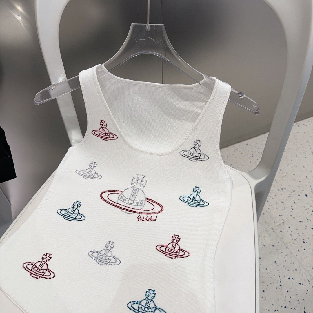 TANK TOP 639167 IN WHITE COTTON RIBBED KNIT EMBOSSED CRYSTAL