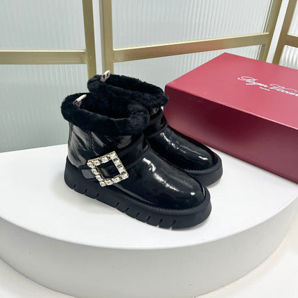 VIV’ WINTER FUR STRASS BUCKLE ANKLE BOOTS IN BLACK PATENT CALFSKIN