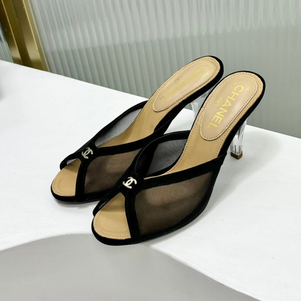 HIGH HEEL PEEP TOE IN BLACK BREATHABLE MESH