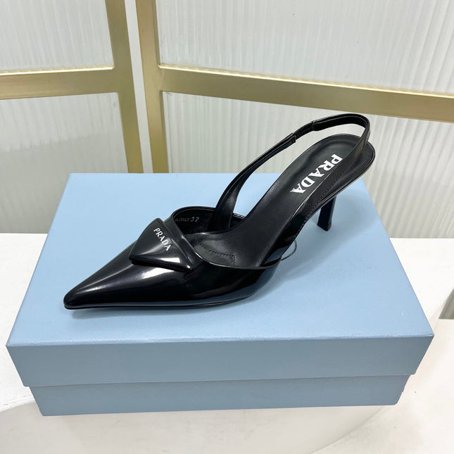 PRADA 26S SLINGBACK HIGH HEEL SANDALS 75MM IN BLACK CALFSKIN WITH LOGO