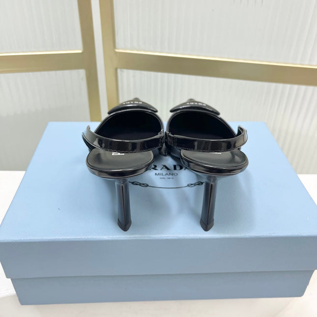 PRADA 26S SLINGBACK HIGH HEEL SANDALS 75MM IN BLACK CALFSKIN WITH LOGO