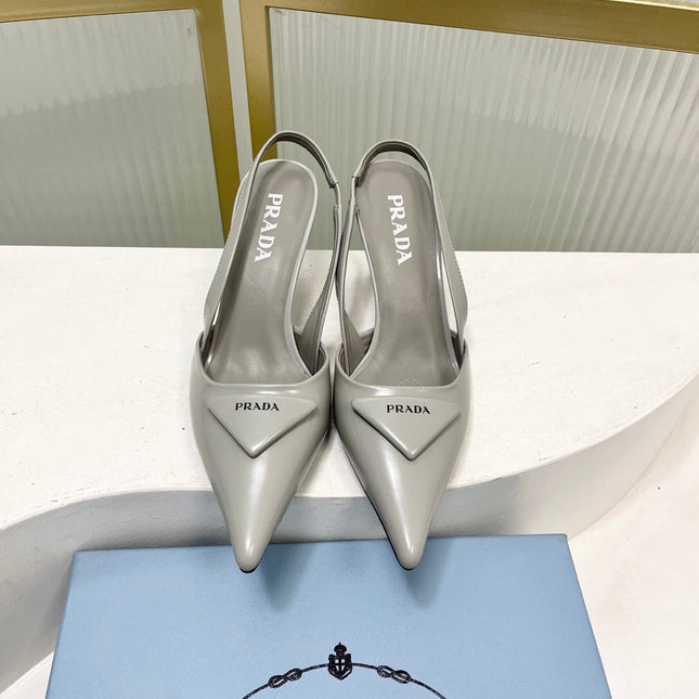 PRADA 26S SLINGBACK HIGH HEEL SANDALS 75MM IN LIGHT GRAY CALFSKIN WITH LOGO