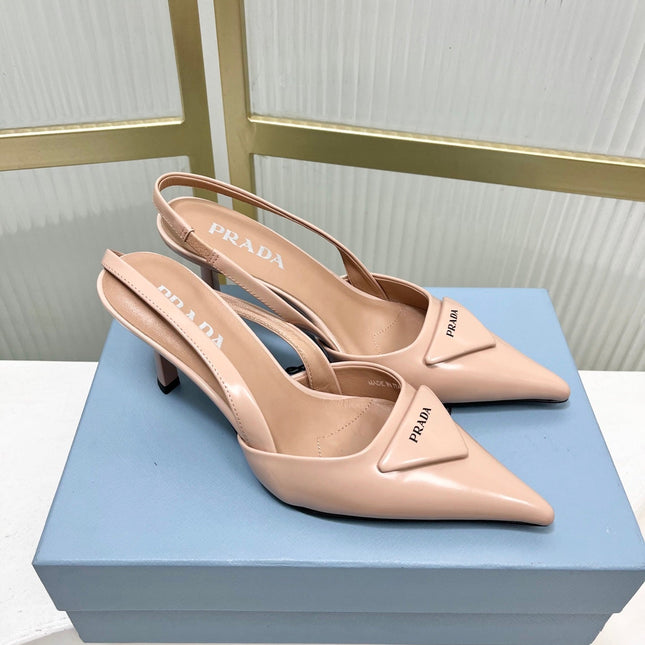 PRADA 26S SLINGBACK HIGH HEEL SANDALS 75MM IN NUDE CALFSKIN WITH LOGO