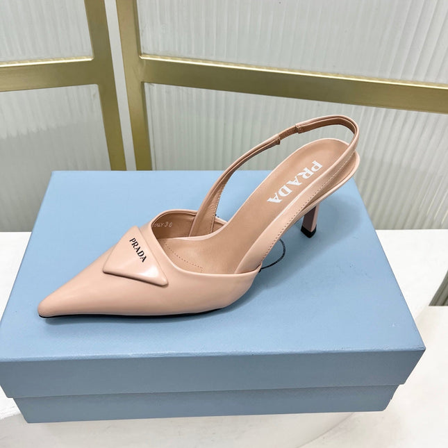 PRADA 26S SLINGBACK HIGH HEEL SANDALS 75MM IN NUDE CALFSKIN WITH LOGO