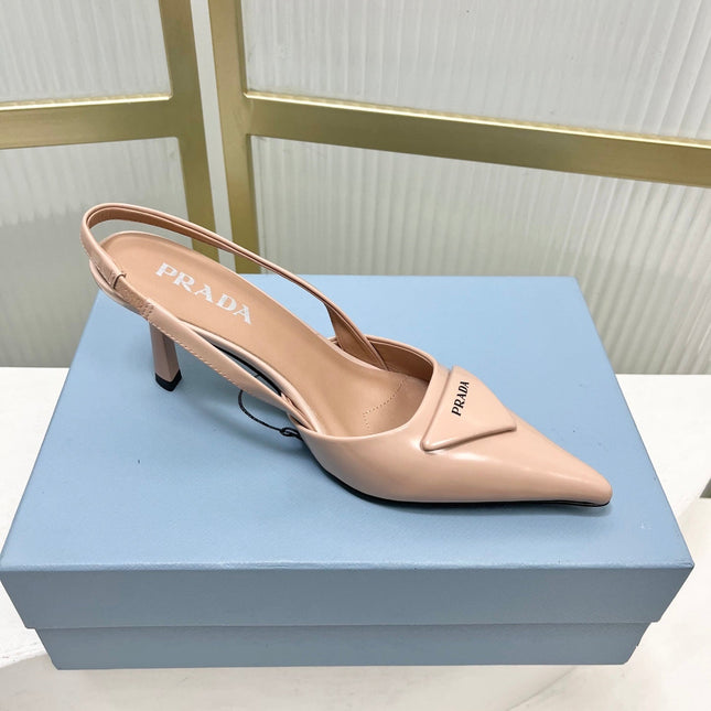 PRADA 26S SLINGBACK HIGH HEEL SANDALS 75MM IN NUDE CALFSKIN WITH LOGO