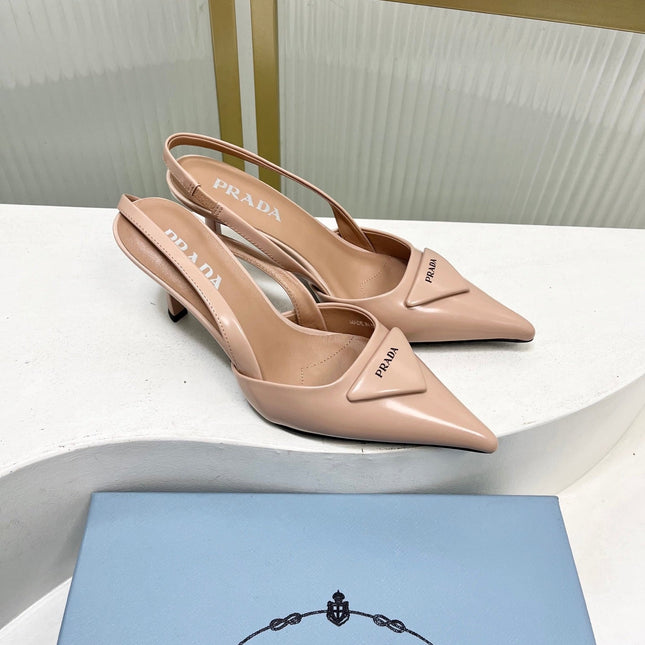 PRADA 26S SLINGBACK HIGH HEEL SANDALS 75MM IN NUDE CALFSKIN WITH LOGO