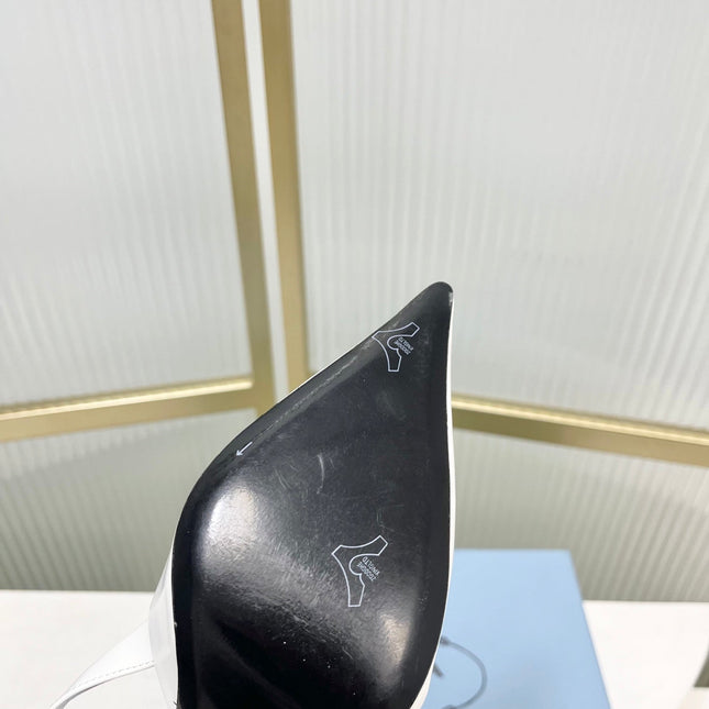 PRADA 26S SLINGBACK HIGH HEEL SANDALS 75MM IN WHITE CALFSKIN WITH LOGO