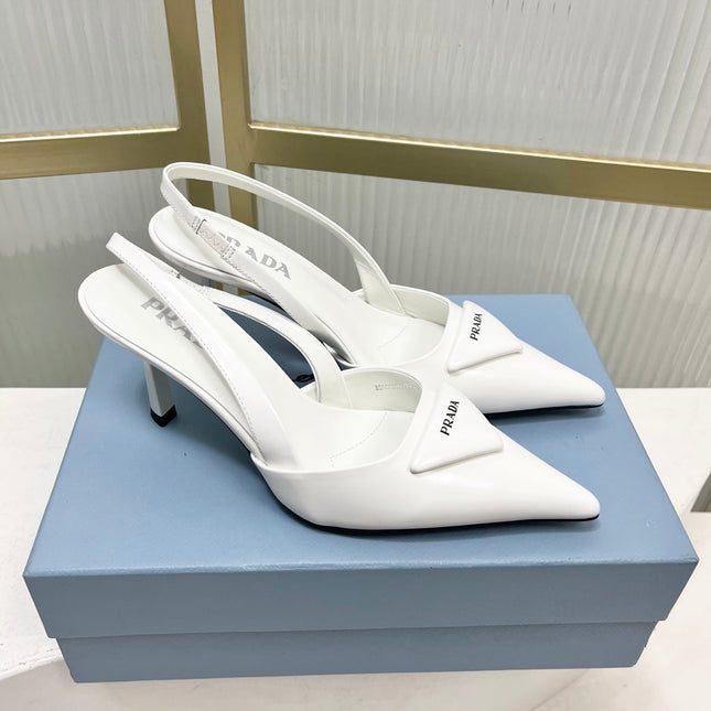 PRADA 26S SLINGBACK HIGH HEEL SANDALS 75MM IN WHITE CALFSKIN WITH LOGO