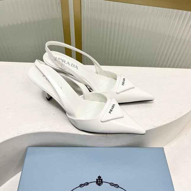 PRADA 26S SLINGBACK HIGH HEEL SANDALS 75MM IN WHITE CALFSKIN WITH LOGO