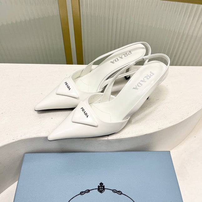 PRADA 26S SLINGBACK HIGH HEEL SANDALS 75MM IN WHITE CALFSKIN WITH LOGO