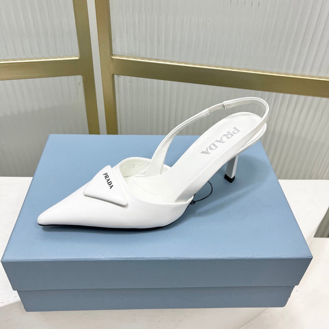 PRADA 26S SLINGBACK HIGH HEEL SANDALS 75MM IN WHITE CALFSKIN WITH LOGO