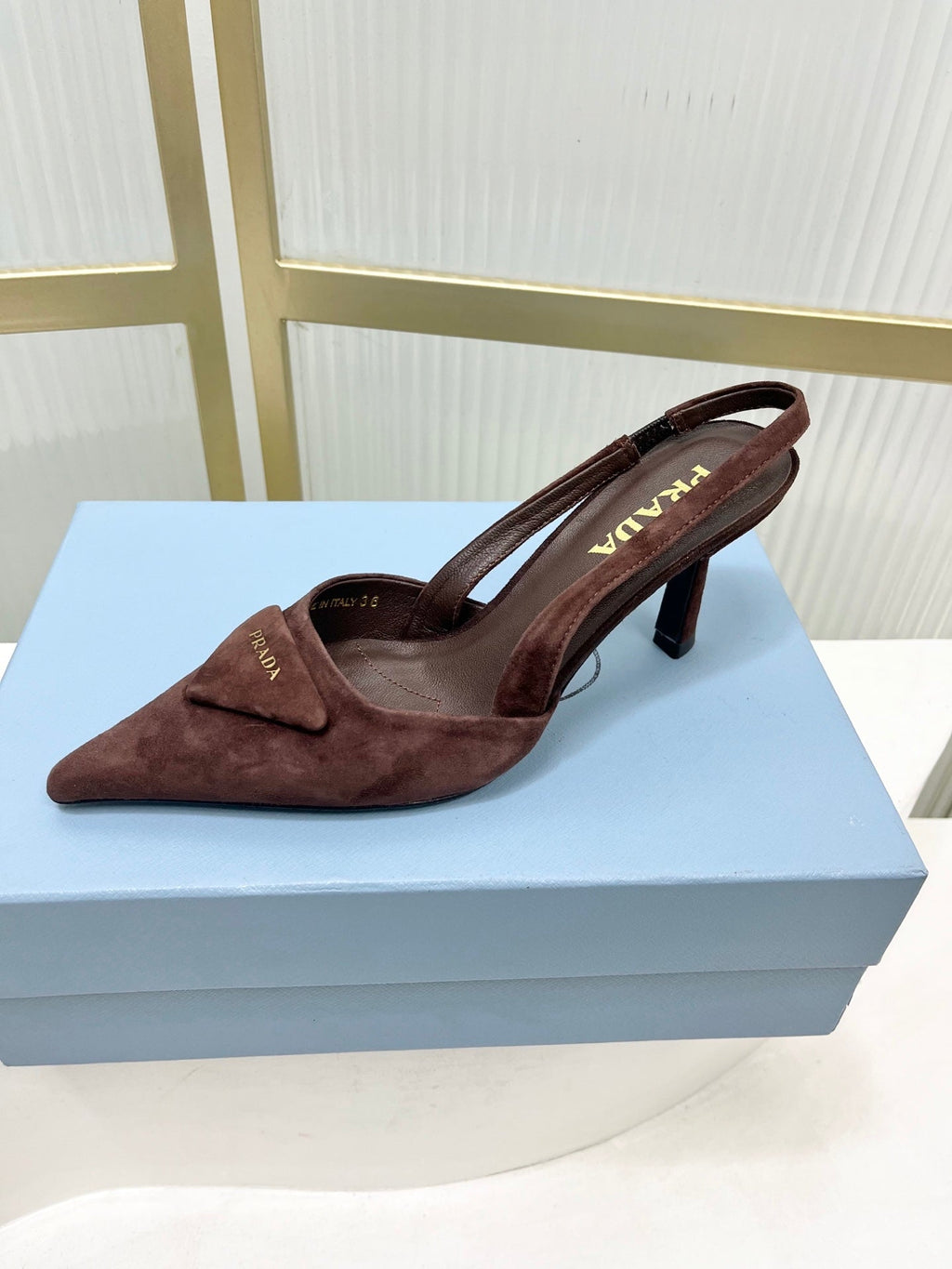 PRADA 26S SLINGBACK HIGH HEEL SANDALS 75MM IN DARK BROWN SUEDE WITH LOGO