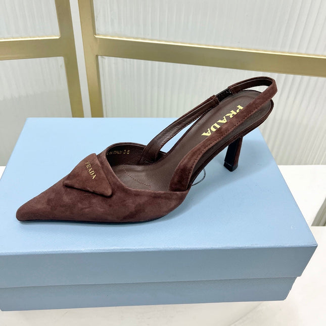 PRADA 26S SLINGBACK HIGH HEEL SANDALS 75MM IN DARK BROWN SUEDE WITH LOGO