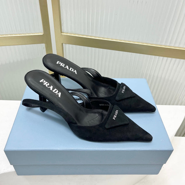 PRADA 26S SLINGBACK HIGH HEEL SANDALS 75MM IN BLACK SUEDE WITH LOGO