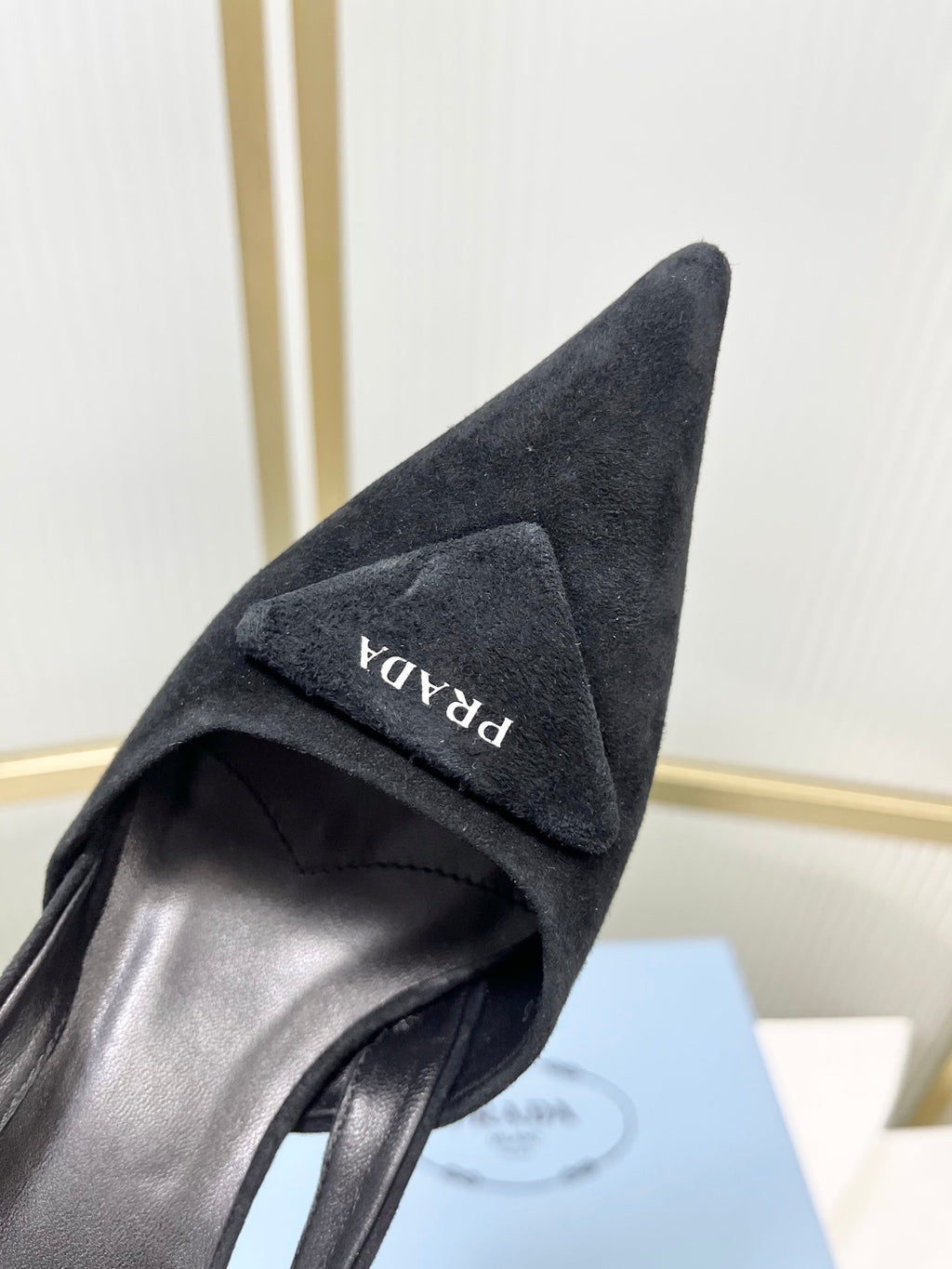 PRADA 26S SLINGBACK HIGH HEEL SANDALS 75MM IN BLACK SUEDE WITH LOGO