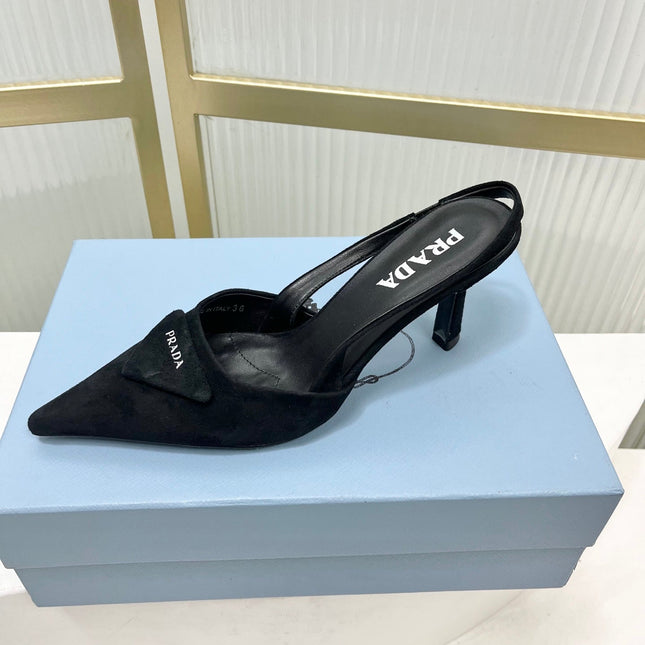 PRADA 26S SLINGBACK HIGH HEEL SANDALS 75MM IN BLACK SUEDE WITH LOGO