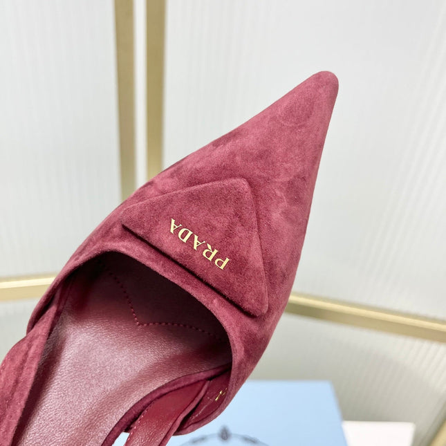 PRADA 26S SLINGBACK HIGH HEEL SANDALS 75MM IN DARK RED SUEDE WITH LOGO