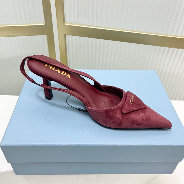PRADA 26S SLINGBACK HIGH HEEL SANDALS 75MM IN DARK RED SUEDE WITH LOGO
