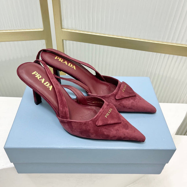 PRADA 26S SLINGBACK HIGH HEEL SANDALS 75MM IN DARK RED SUEDE WITH LOGO
