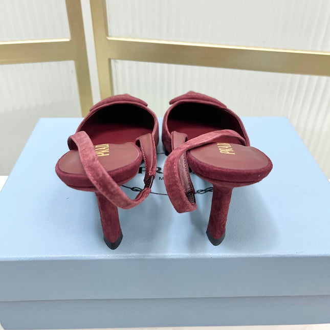 PRADA 26S SLINGBACK HIGH HEEL SANDALS 75MM IN DARK RED SUEDE WITH LOGO
