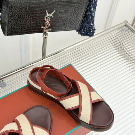 SANDALS THICK SOLE CROSS STRAP IN BEIGE FABRIC AND ORANGE CALFSKIN