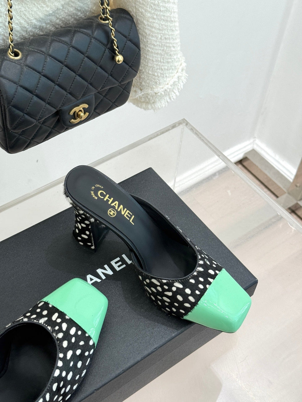 CHANEL POLKA DOT PATTERN MULES IN BLACK MIX GREEN FUR
