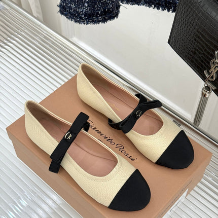 GIANVITO ROSSI 26S MARY JANE FLATS IN BLACK AND CREAM WHITE FABRIC