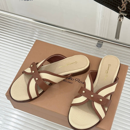 GIANVITO ROSSI 26S STUDDED FLAT SANDALS IN BEIGE CANVAS AND BROWN CALFSKIN