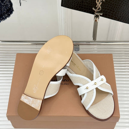 GIANVITO ROSSI 26S STUDDED FLAT SANDALS IN BEIGE CANVAS AND WHITE CALFSKIN