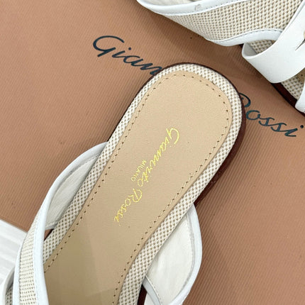 GIANVITO ROSSI 26S STUDDED FLAT SANDALS IN BEIGE CANVAS AND WHITE CALFSKIN