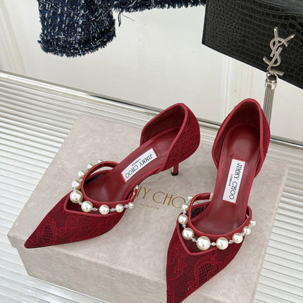 JIMMY CHOO 26S HIGH HEELS 65 MM IN DARK RED LACE PEARL-EMBELLISHED