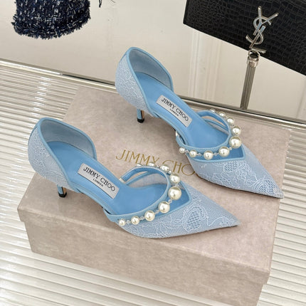 JIMMY CHOO 26S HIGH HEELS 65 MM IN SKY BLUE LACE PEARL-EMBELLISHED